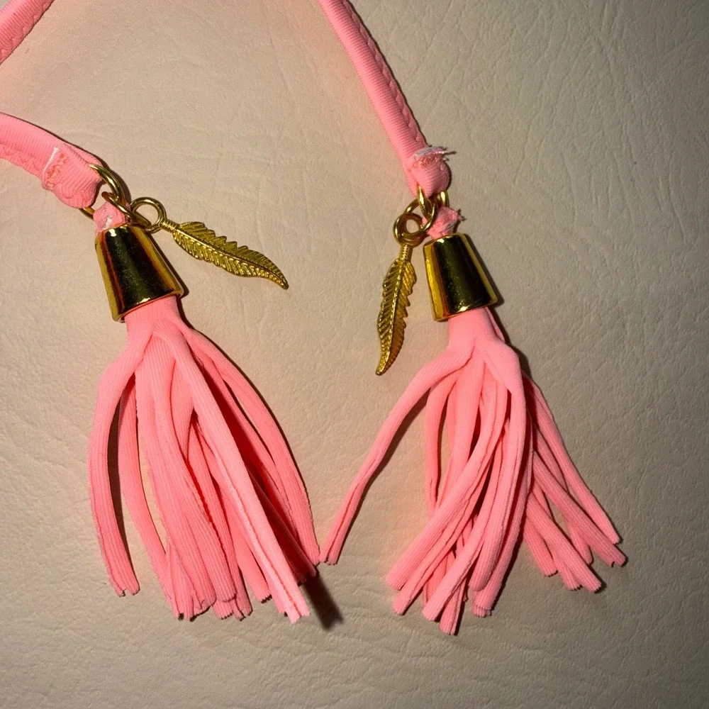 Burgundy High Neck Crochet Trim‎ Bikini Top Pink Tassels Gold Charms Boho